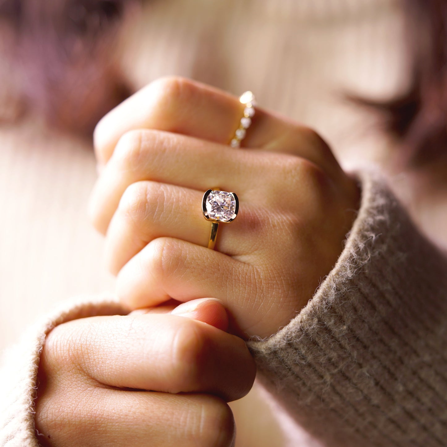 Cushion Cut Half Bezel Lab-Grown Diamond Engagement Ring