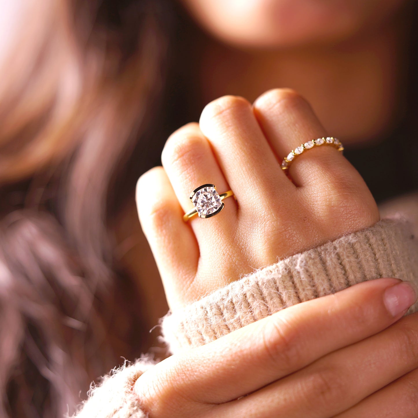 Cushion Cut Half Bezel Lab-Grown Diamond Engagement Ring