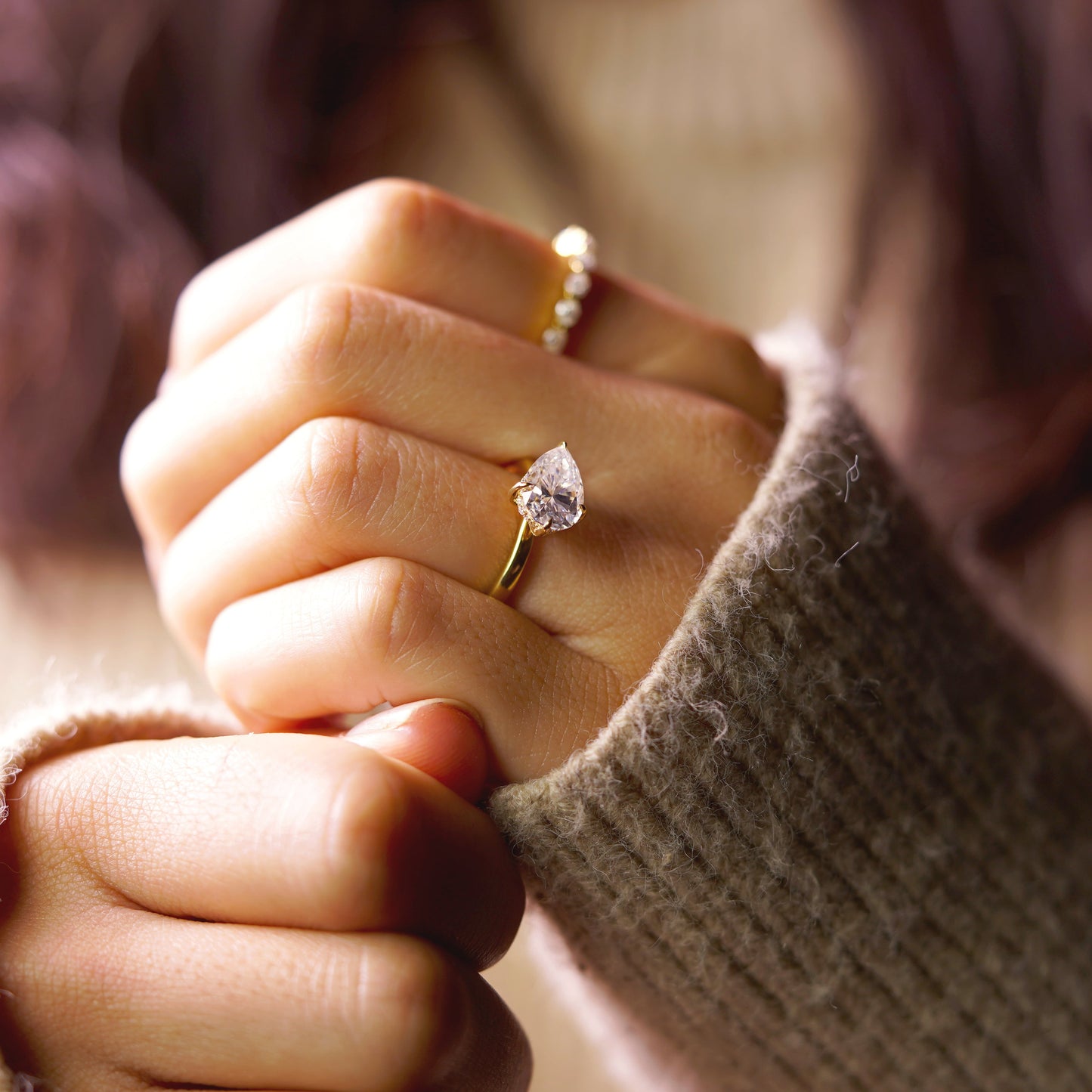 East West Pear Cut Hidden Halo Lab-Grown Diamond Engagement Ring