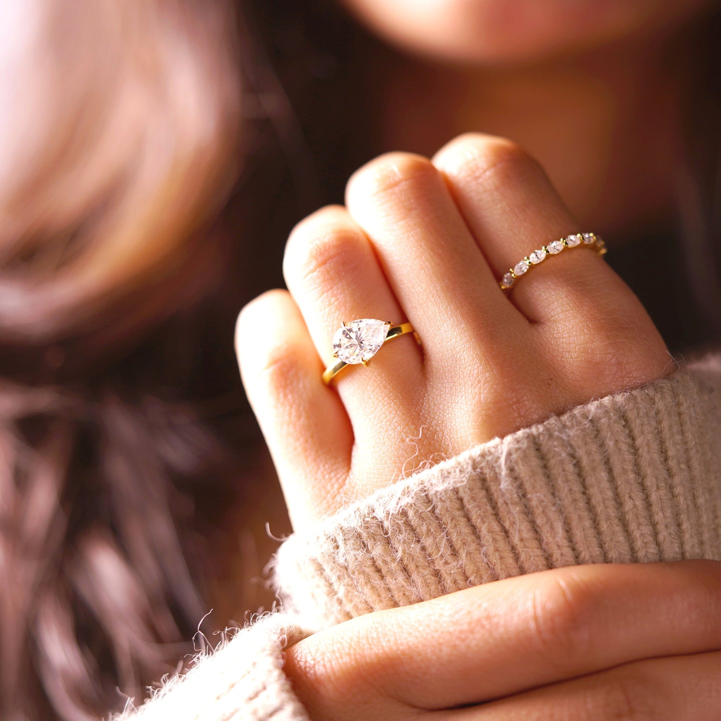 East West Pear Cut Hidden Halo Lab-Grown Diamond Engagement Ring
