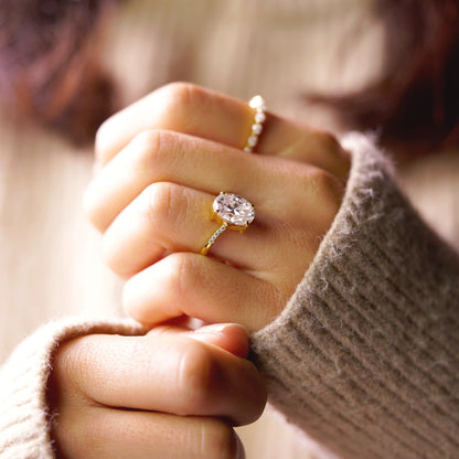Oval Cut V Shaped Pave Lab-Grown Diamond Engagement Ring