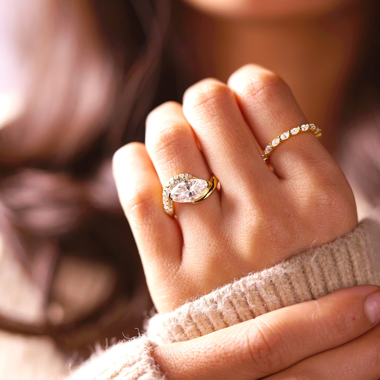 Marquise Cut Half Pave Lab-Grown Diamond Engagement Ring