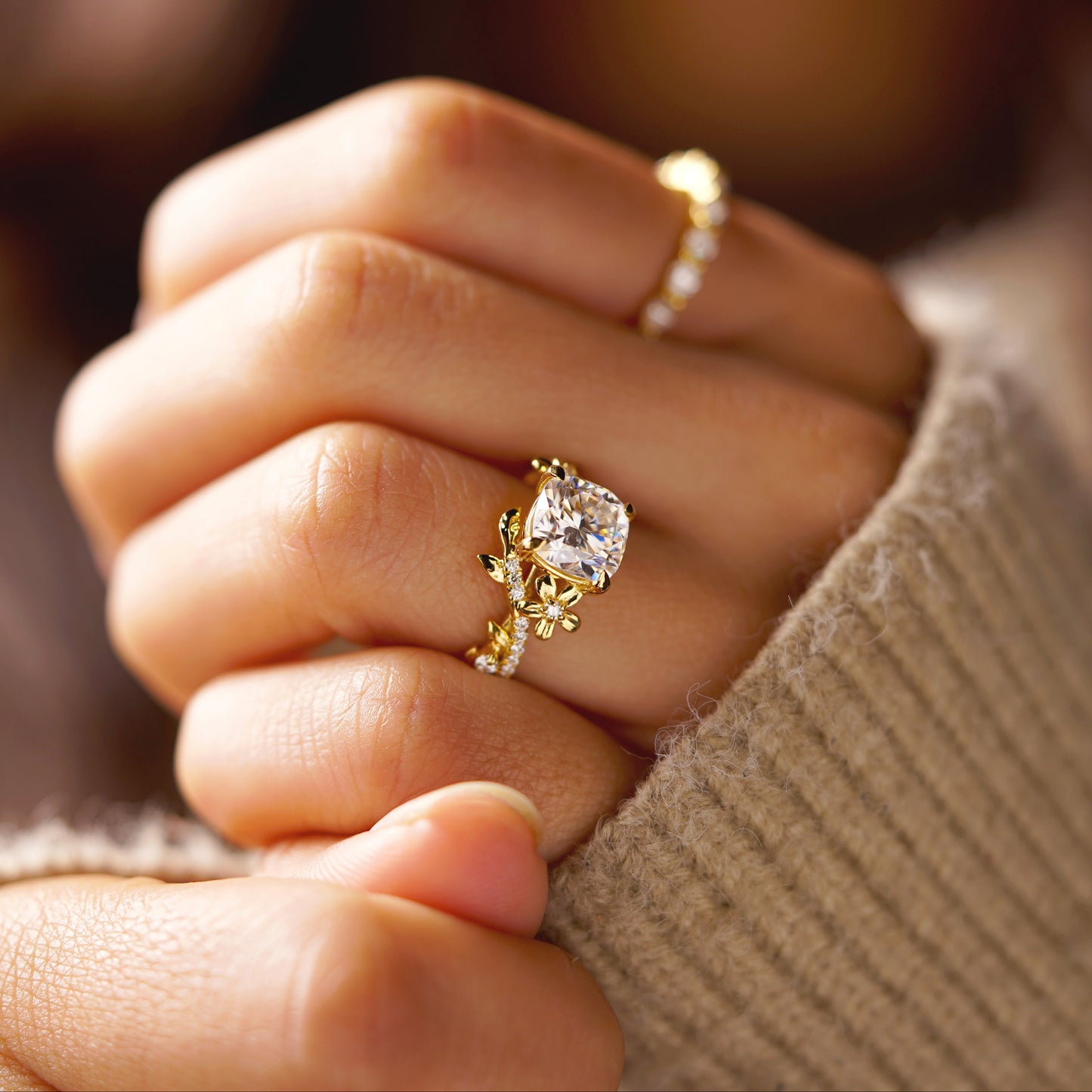 Cushion Cut Nature Inspired Lab-Grown Diamond Engagement Ring