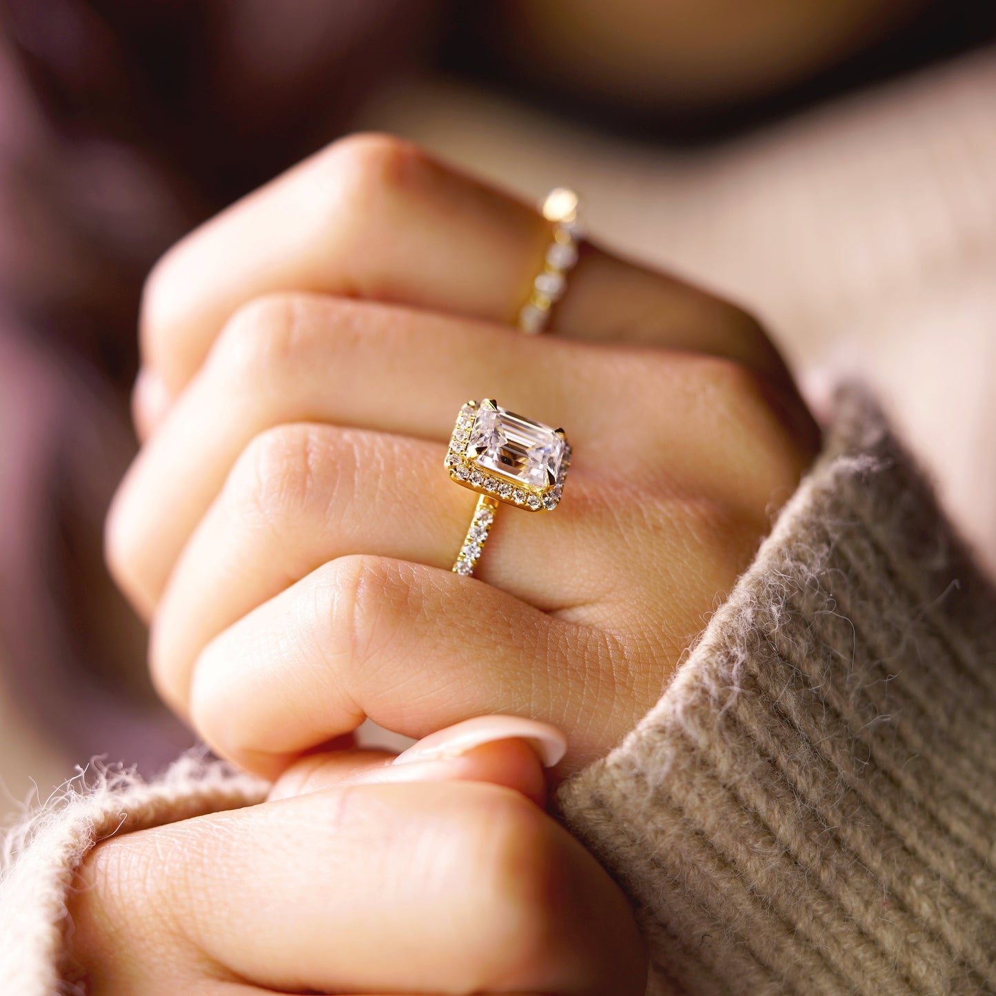 Emerald Cut Halo & Pave Lab-Grown Diamond Engagement Ring
