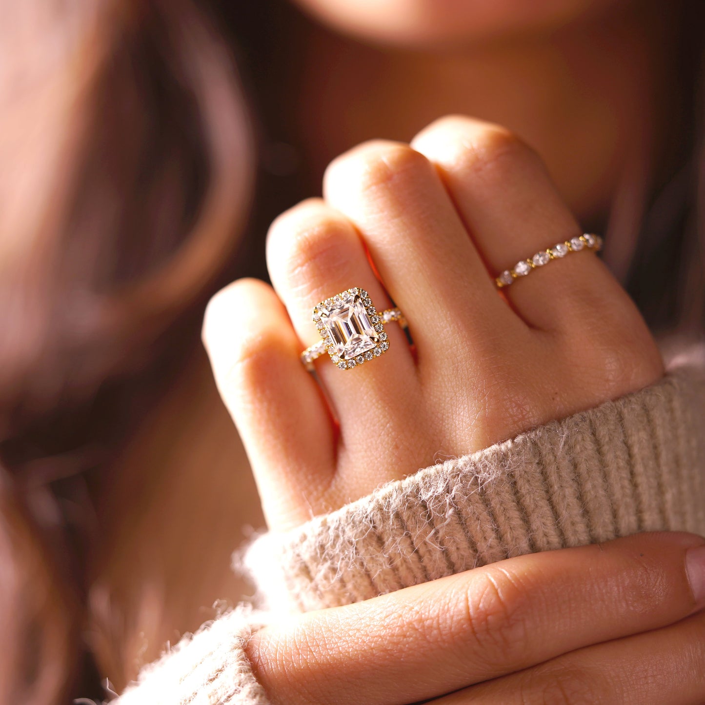 Emerald Cut Halo & Pave Lab-Grown Diamond Engagement Ring