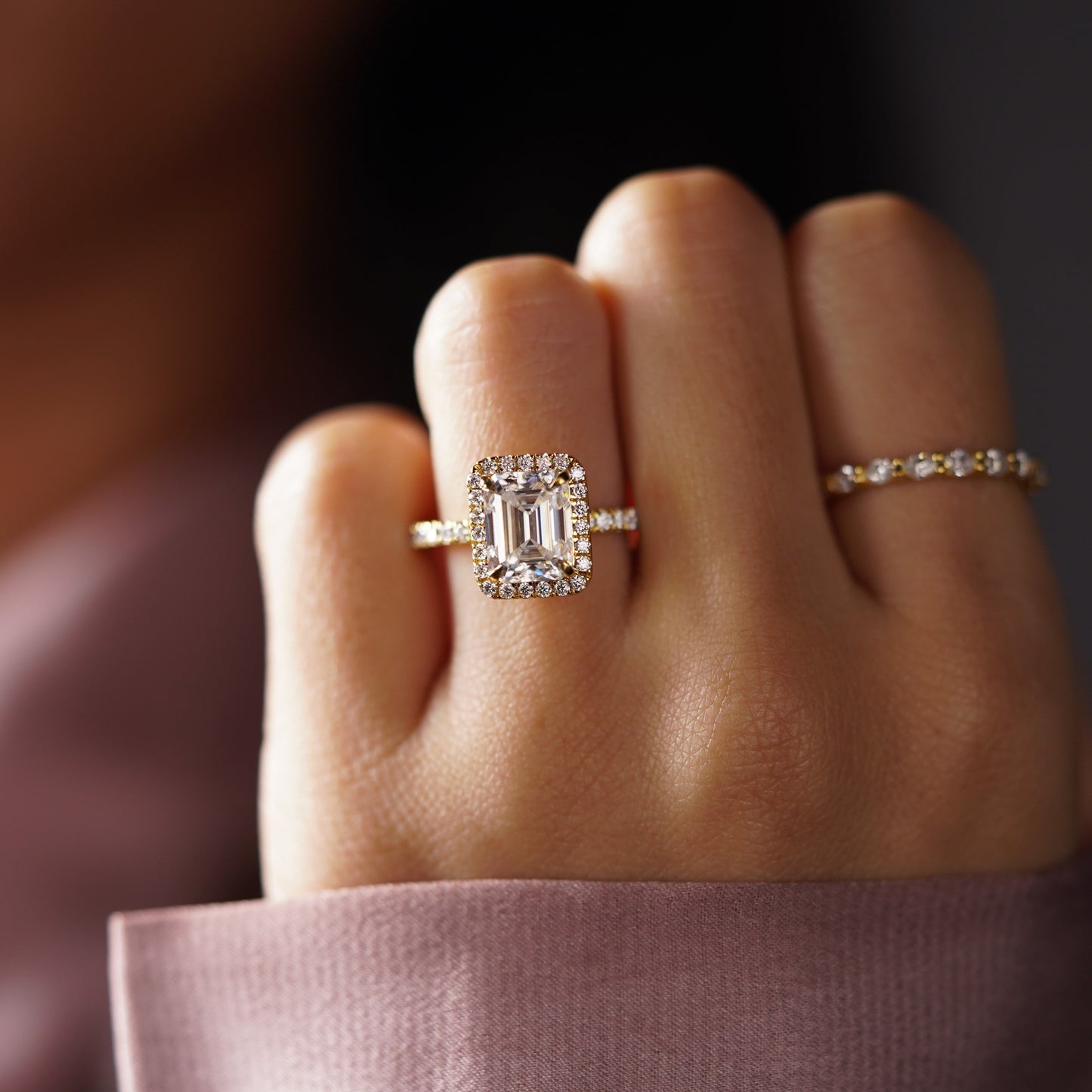 Emerald Cut Halo & Pave Lab-Grown Diamond Engagement Ring