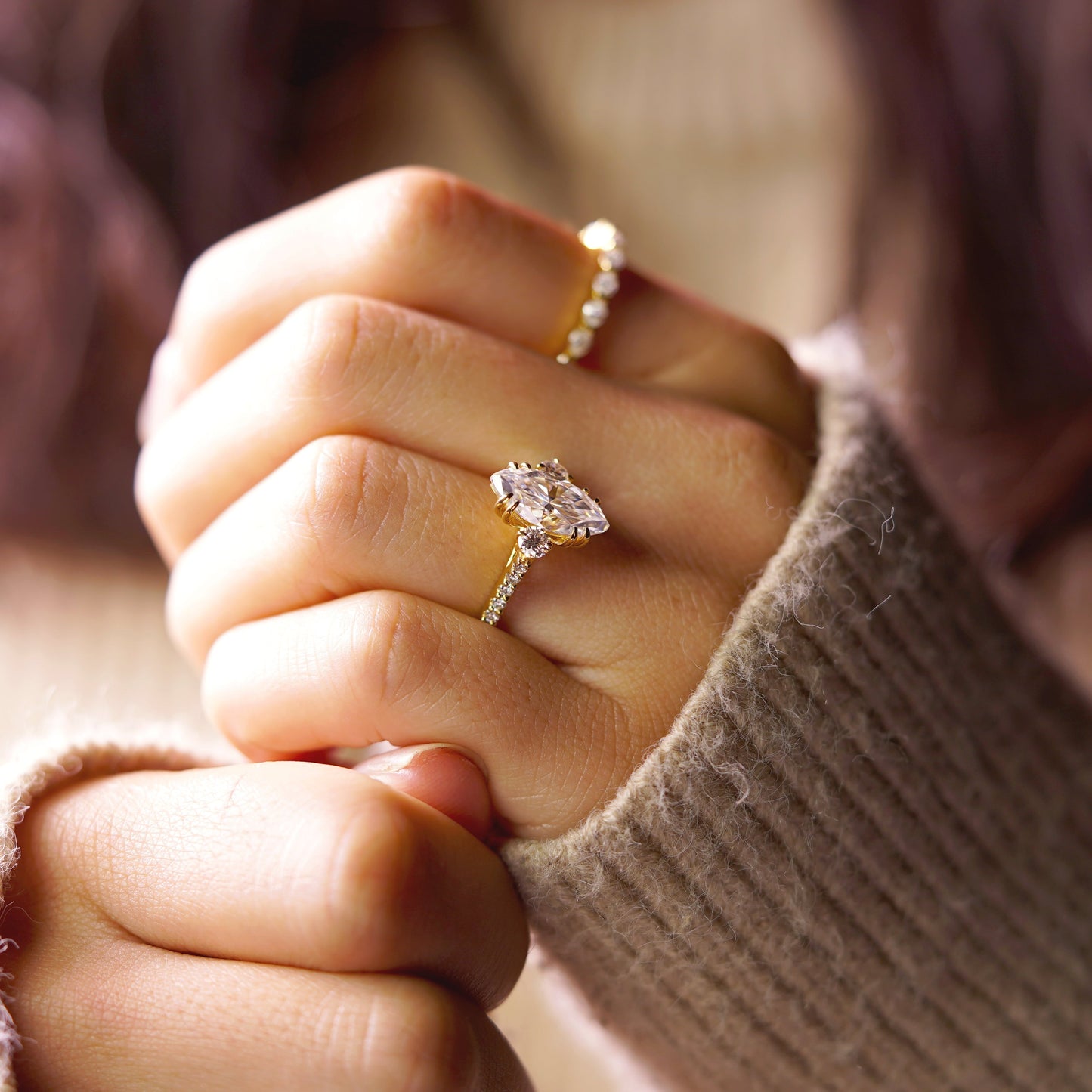 Marquise Cut Three Stone & Pave Lab-Grown Diamond Engagement Ring