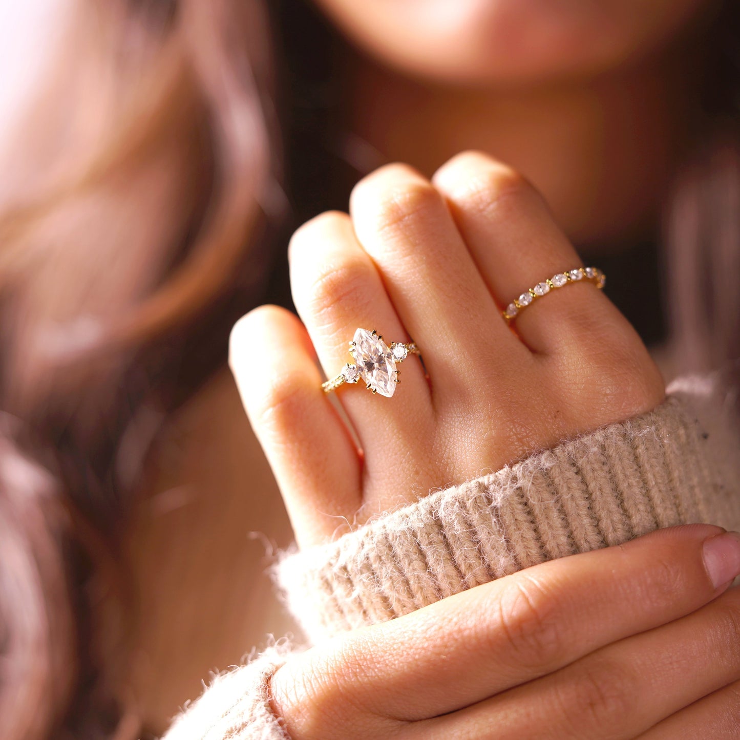 Marquise Cut Three Stone & Pave Lab-Grown Diamond Engagement Ring
