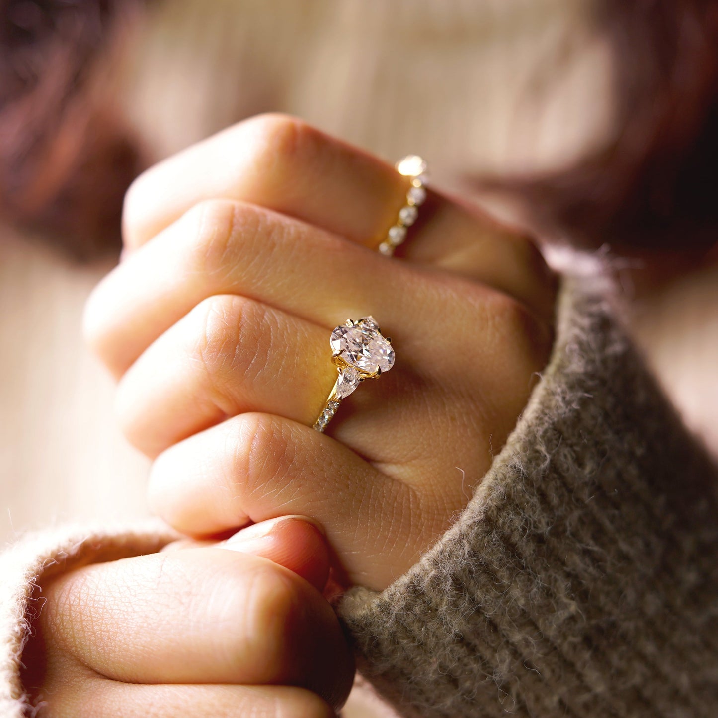 Oval Cut Three Stone & Pave Lab-Grown Diamond Engagement Ring