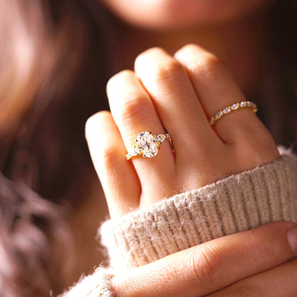 Oval Cut Three Stone & Pave Lab-Grown Diamond Engagement Ring