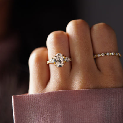 Oval Cut Three Stone & Pave Lab-Grown Diamond Engagement Ring