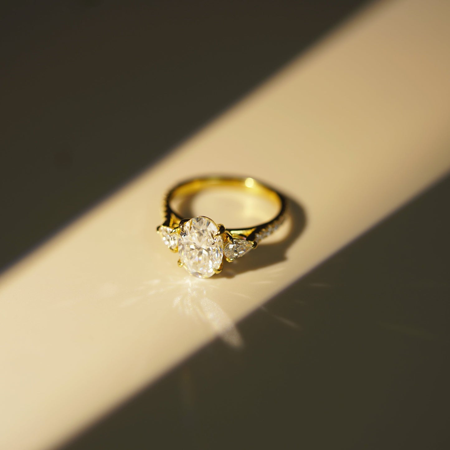 Oval Cut Three Stone & Pave Lab-Grown Diamond Engagement Ring