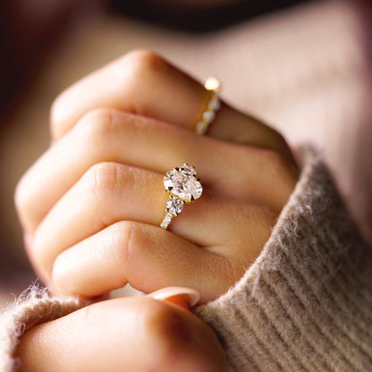 Oval Cut Three Stone & Pave Lab-Grown Diamond Engagement Ring