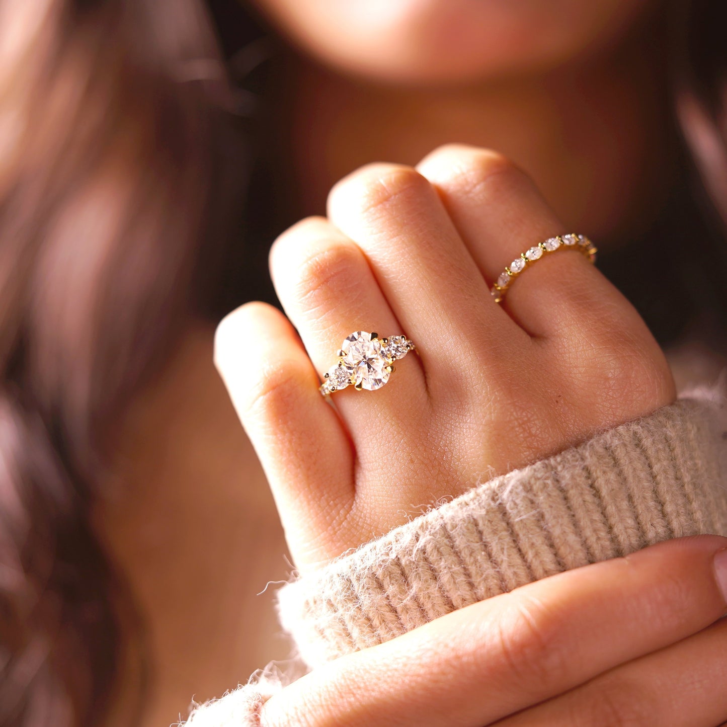 Oval Cut Three Stone & Pave Lab-Grown Diamond Engagement Ring