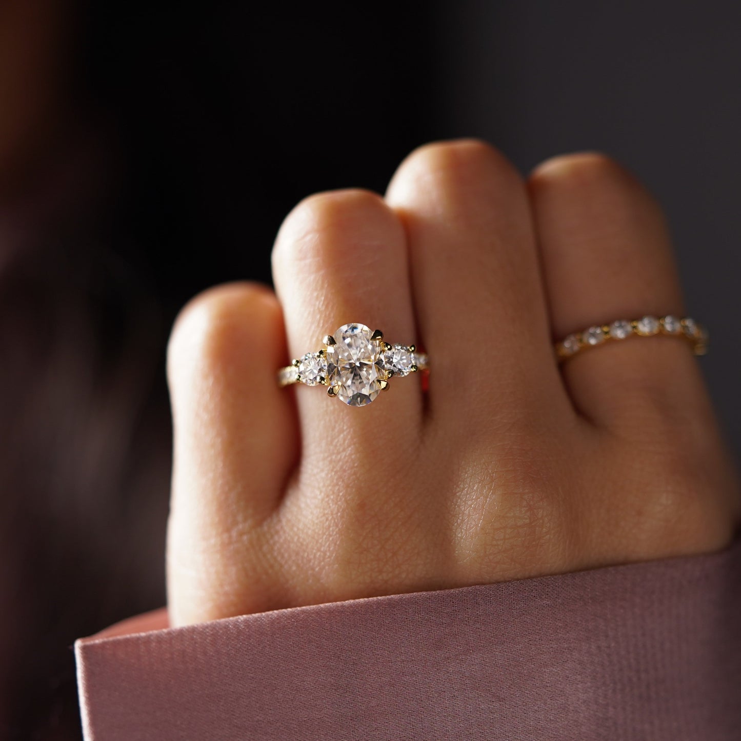Oval Cut Three Stone & Pave Lab-Grown Diamond Engagement Ring
