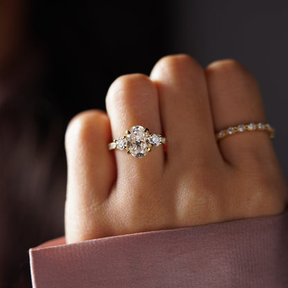 Oval Cut Three Stone & Pave Lab-Grown Diamond Engagement Ring