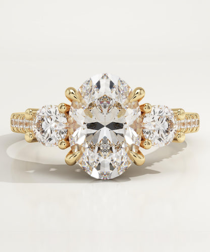 Oval Cut Three Stone & Pave Lab-Grown Diamond Engagement Ring