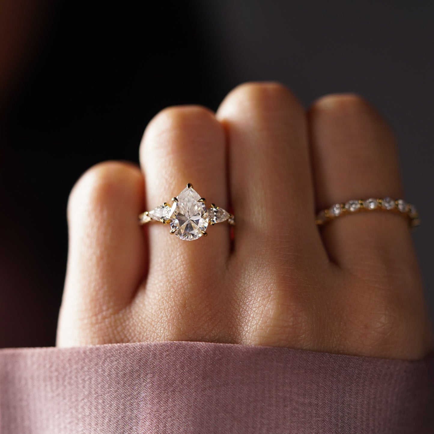 Pear Cut Three Stone & Pave Lab-Grown Diamond Engagement Ring