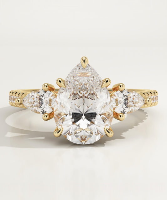 Pear Cut Three Stone & Pave Lab-Grown Diamond Engagement Ring