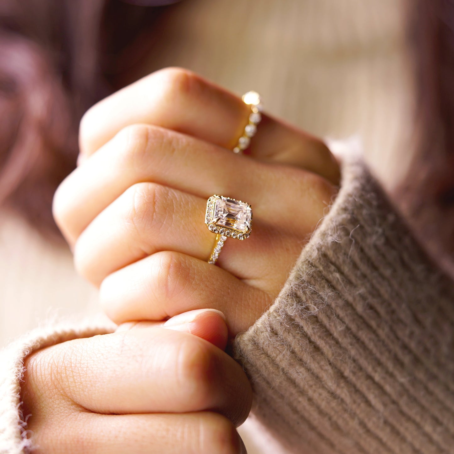 Emerald Cut Halo & Pave Cathedral Lab-Grown Diamond Engagement Ring
