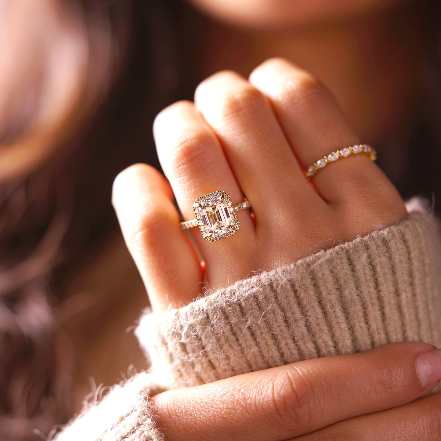 Emerald Cut Halo & Pave Cathedral Lab-Grown Diamond Engagement Ring