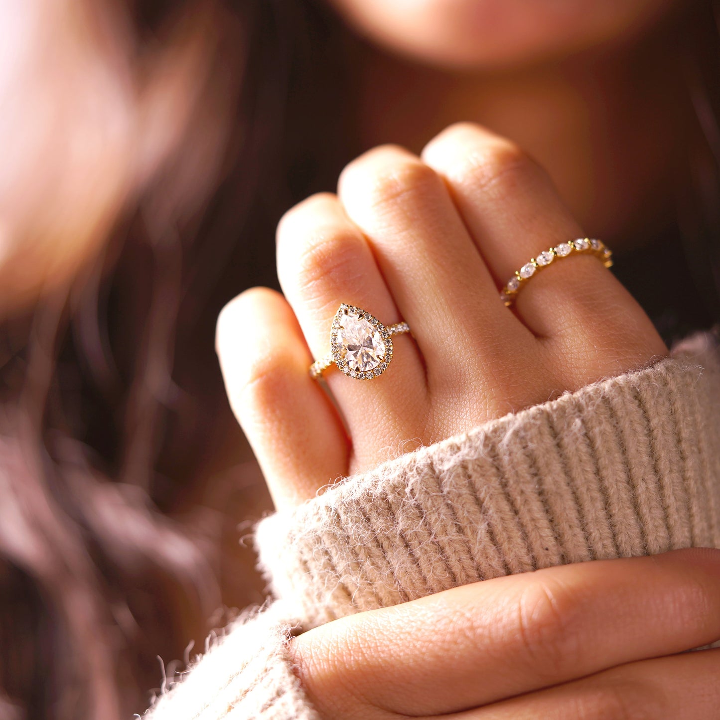 Pear Cut Halo & Pave Cathedral Lab-Grown Diamond Engagement Ring