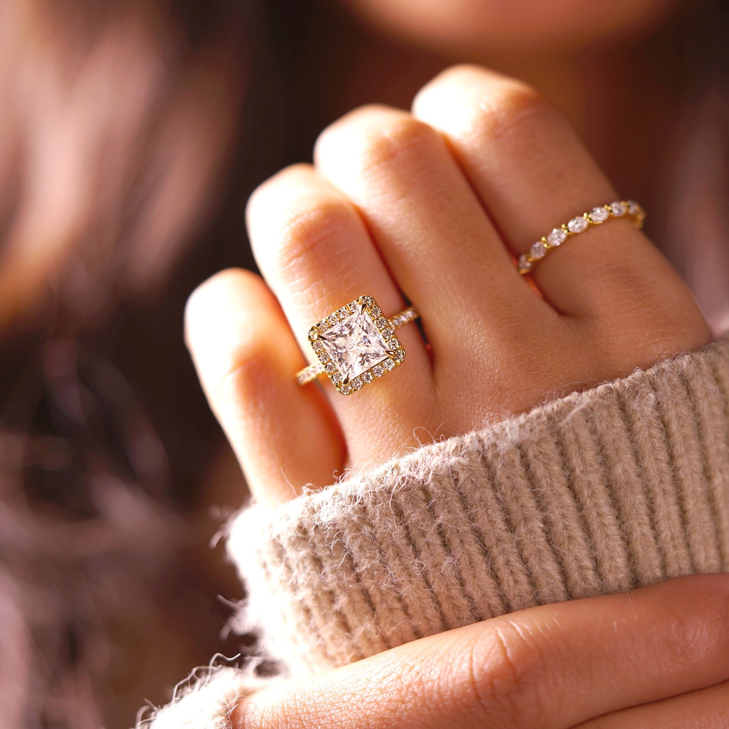 Princess Cut Halo & Pave Cathedral Lab-Grown Diamond Engagement Ring