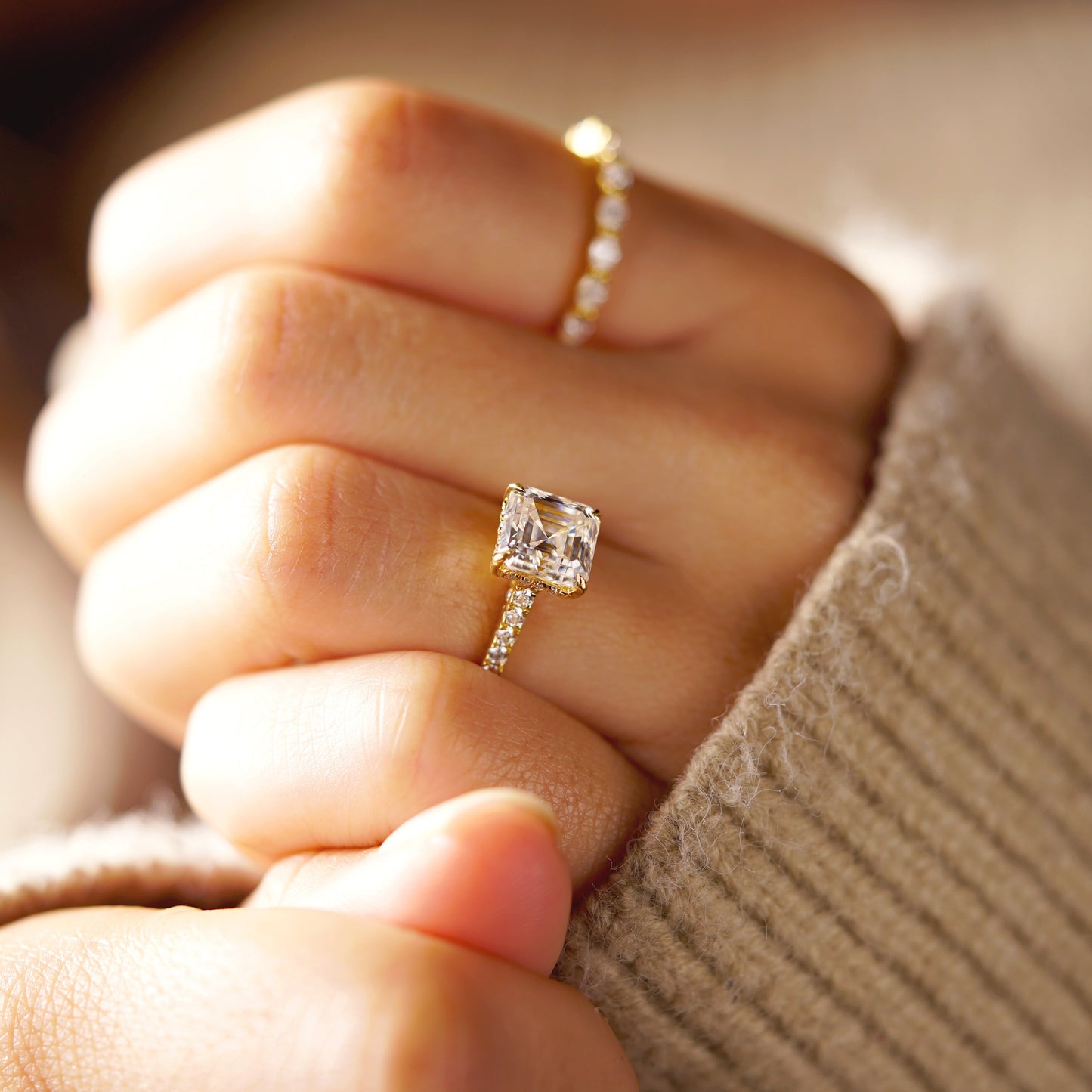 Asscher Cut Hidden Halo & Pave Cathedral Lab-Grown Diamond Engagement Ring