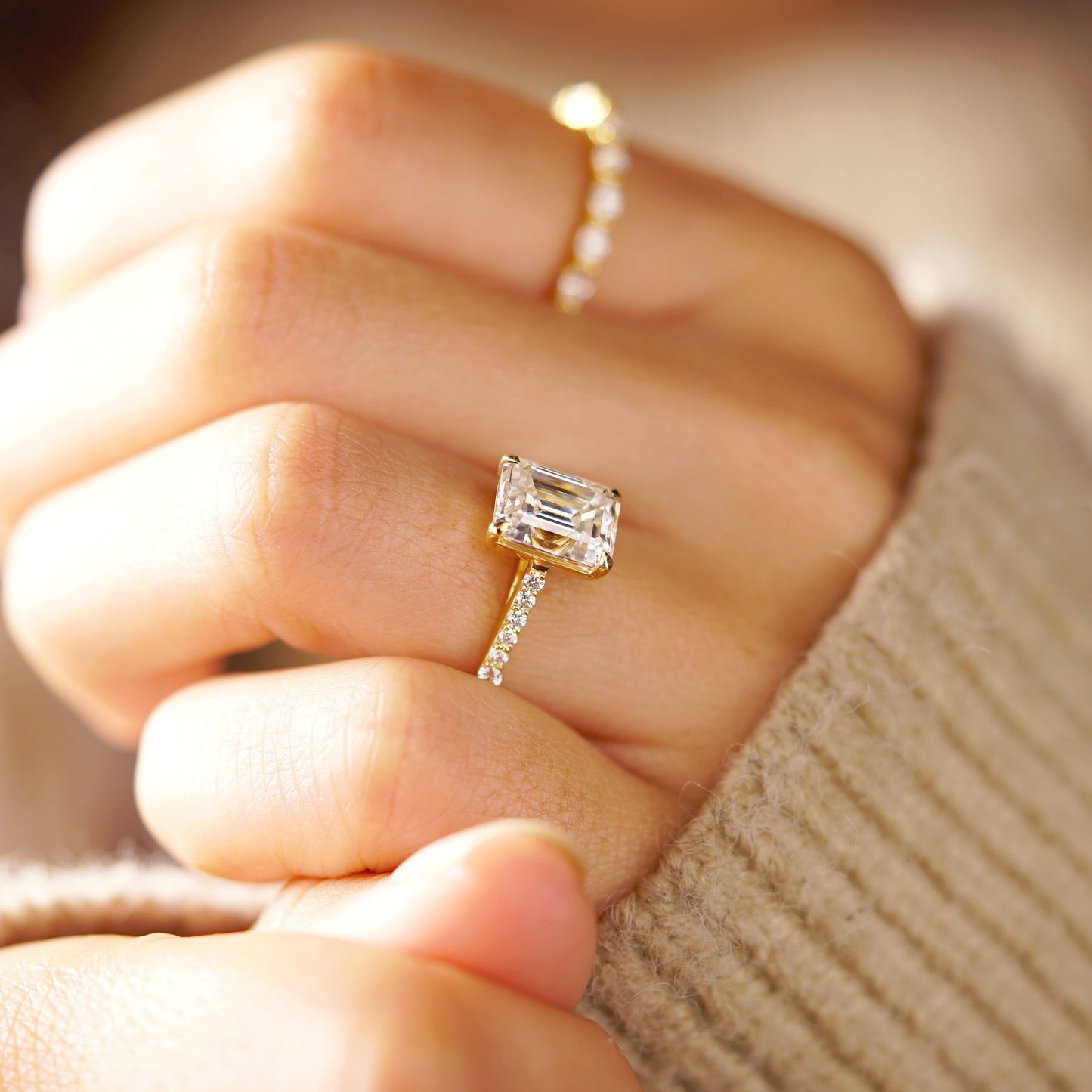 Emerald Cut Pave Cathedral Lab-Grown Diamond Engagement Ring
