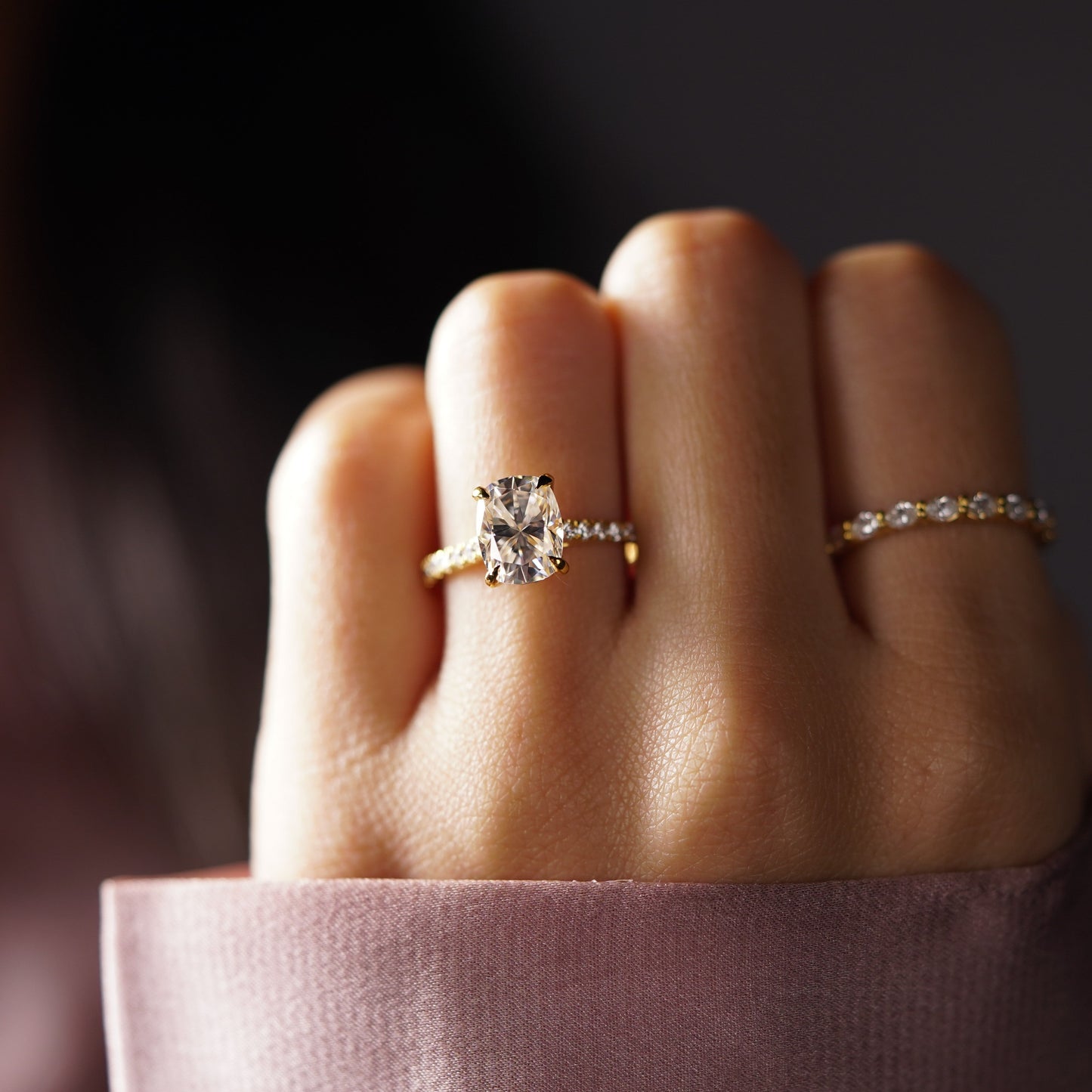 Elongated Cushion Cut Pave Cathedral Lab-Grown Diamond Engagement Ring
