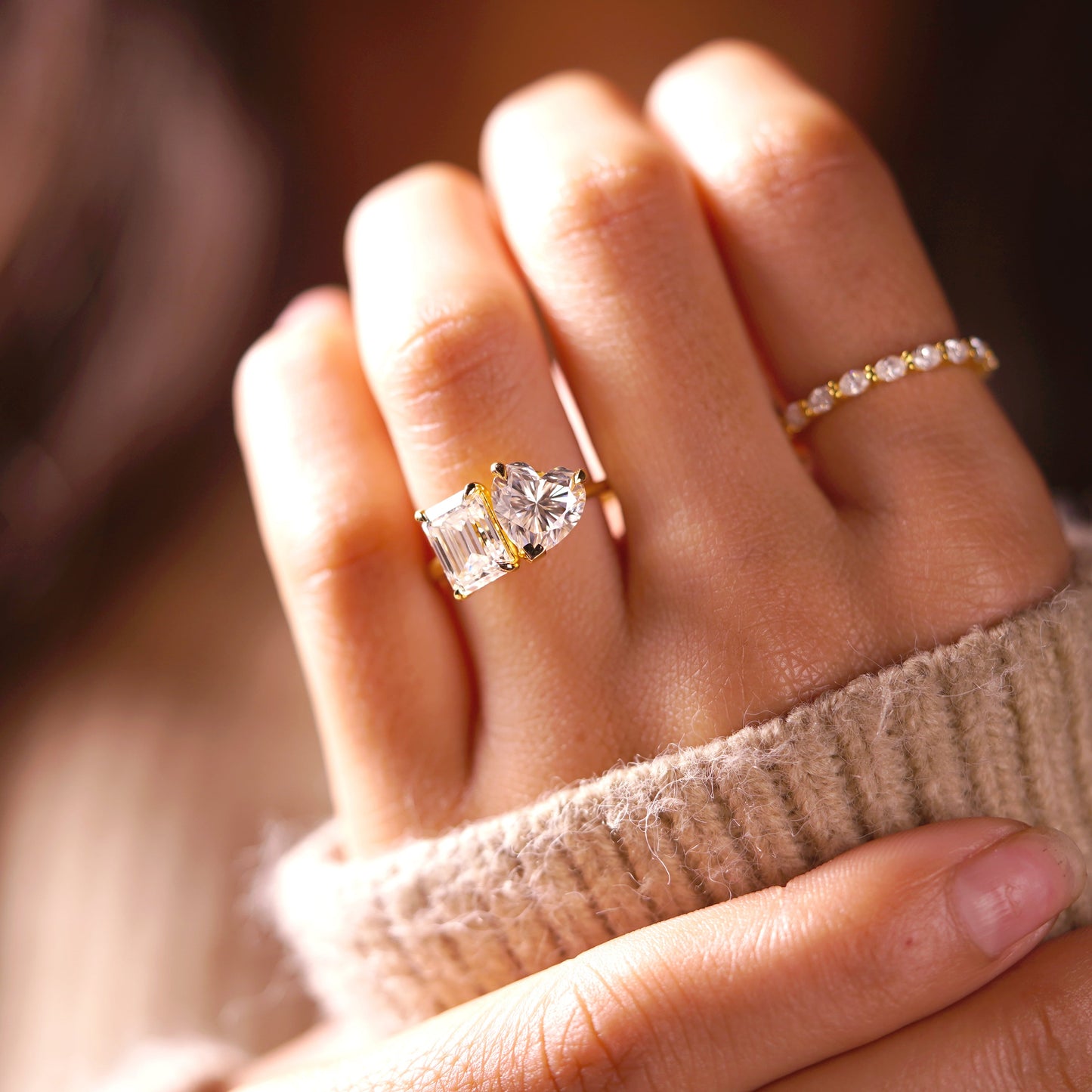 4.22 TCW Emerald & Heart Cut Toi Et Moi Lab-Grown Diamond Engagement Ring