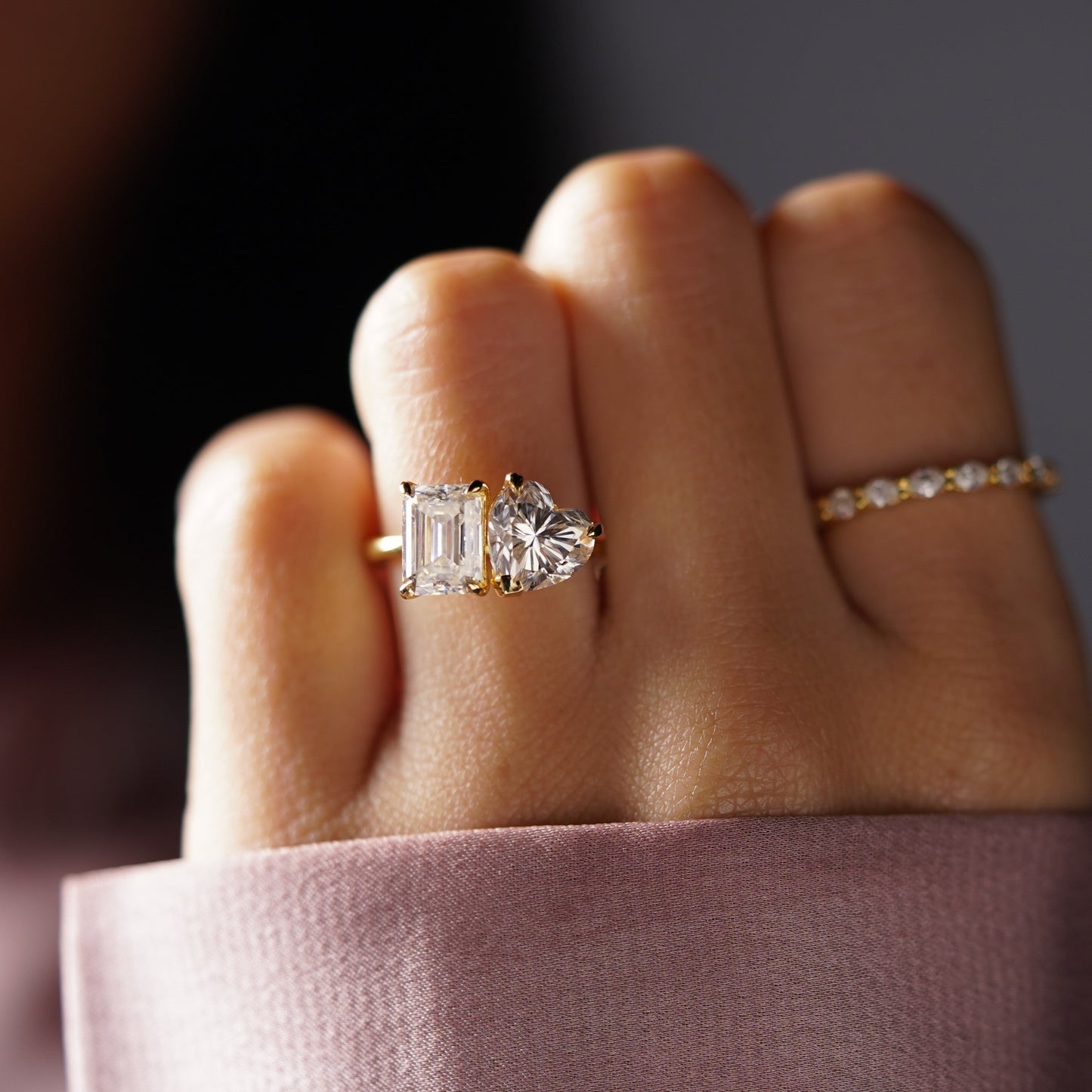 3.5 TCW Emerald & Heart Cut Toi Et Moi Lab-Grown Diamond Engagement Ring