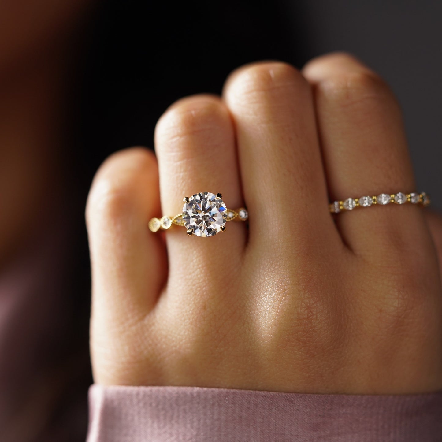 Round Cut Milgrain Pave Lab-Grown Diamond Engagement Ring