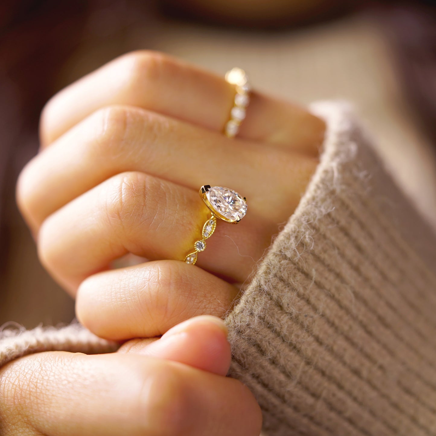 Pear Cut Milgrain Pave Lab-Grown Diamond Engagement Ring