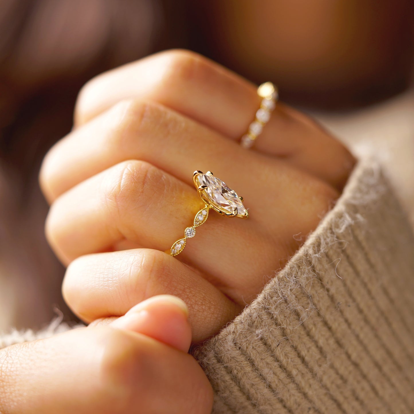 Marquise Cut Milgrain Pave Lab-Grown Diamond Engagement Ring