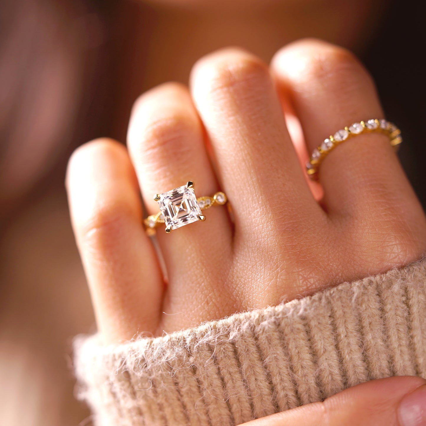Asscher Cut Milgrain Pave Lab-Grown Diamond Engagement Ring
