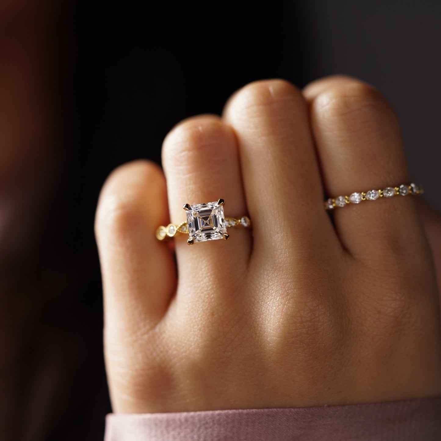 Asscher Cut Milgrain Pave Lab-Grown Diamond Engagement Ring