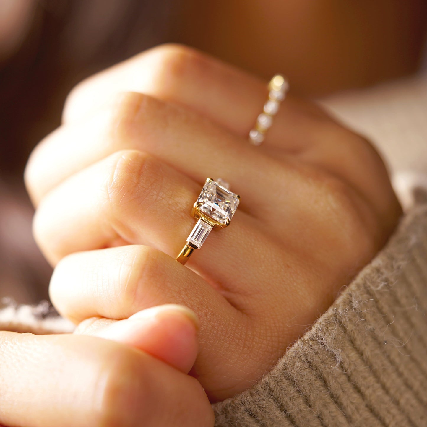 Asscher Cut Three Stone Lab-Grown Diamond Engagement Ring
