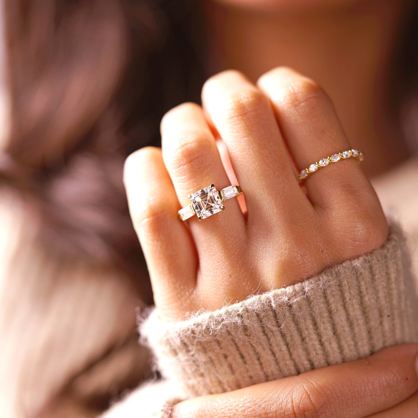 Asscher Cut Three Stone Lab-Grown Diamond Engagement Ring