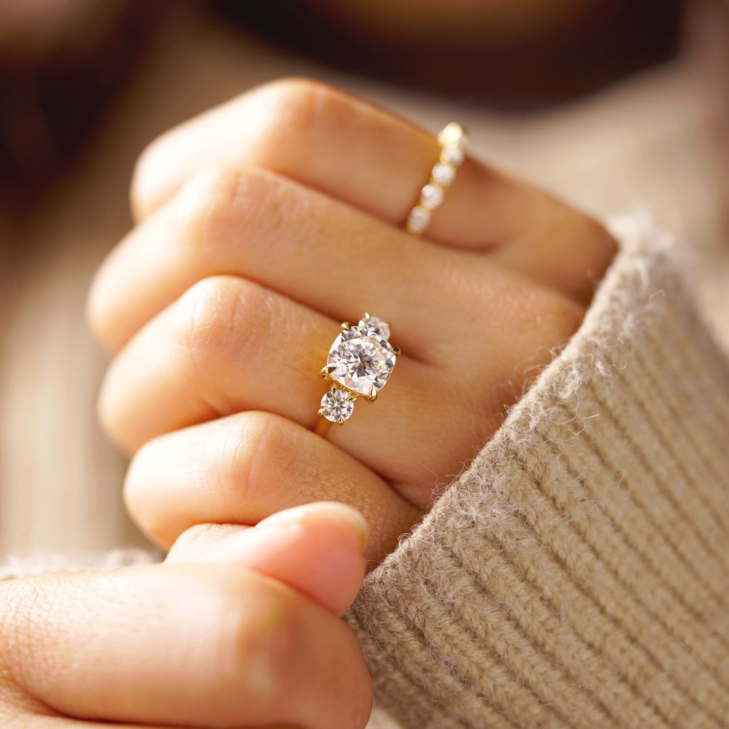 Cushion Cut Three Stone Lab-Grown Diamond Engagement Ring