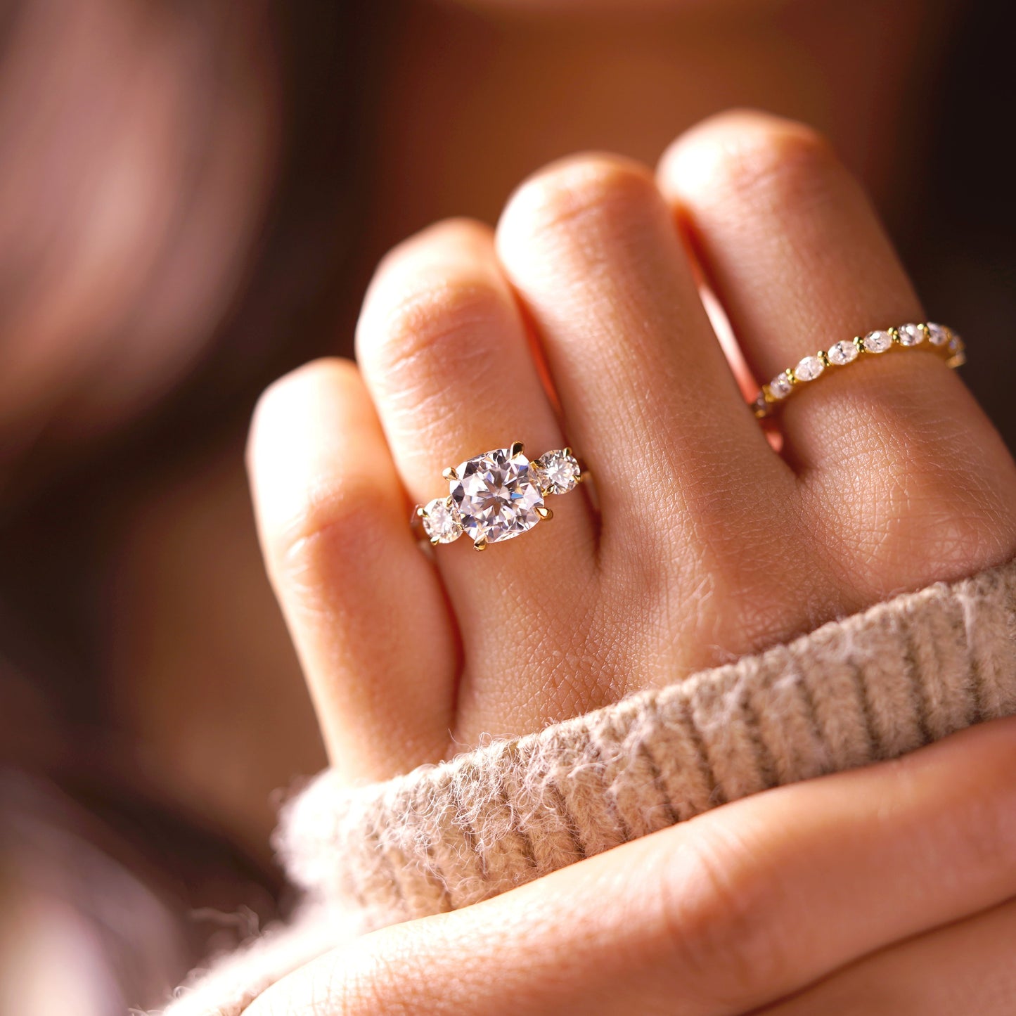 Cushion Cut Three Stone Lab-Grown Diamond Engagement Ring