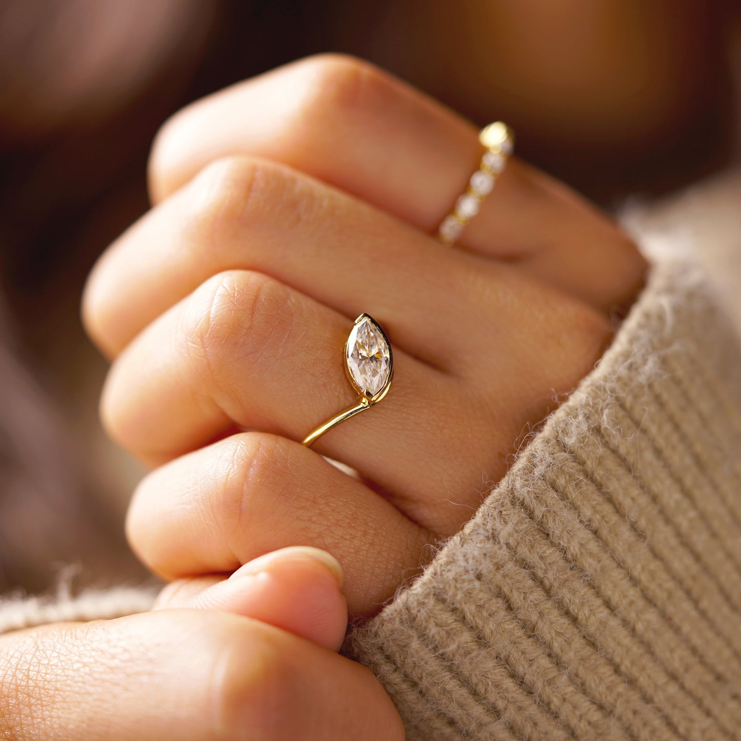 Marquise Cut Half Bezel Waved Lab-Grown Diamond Engagement Ring