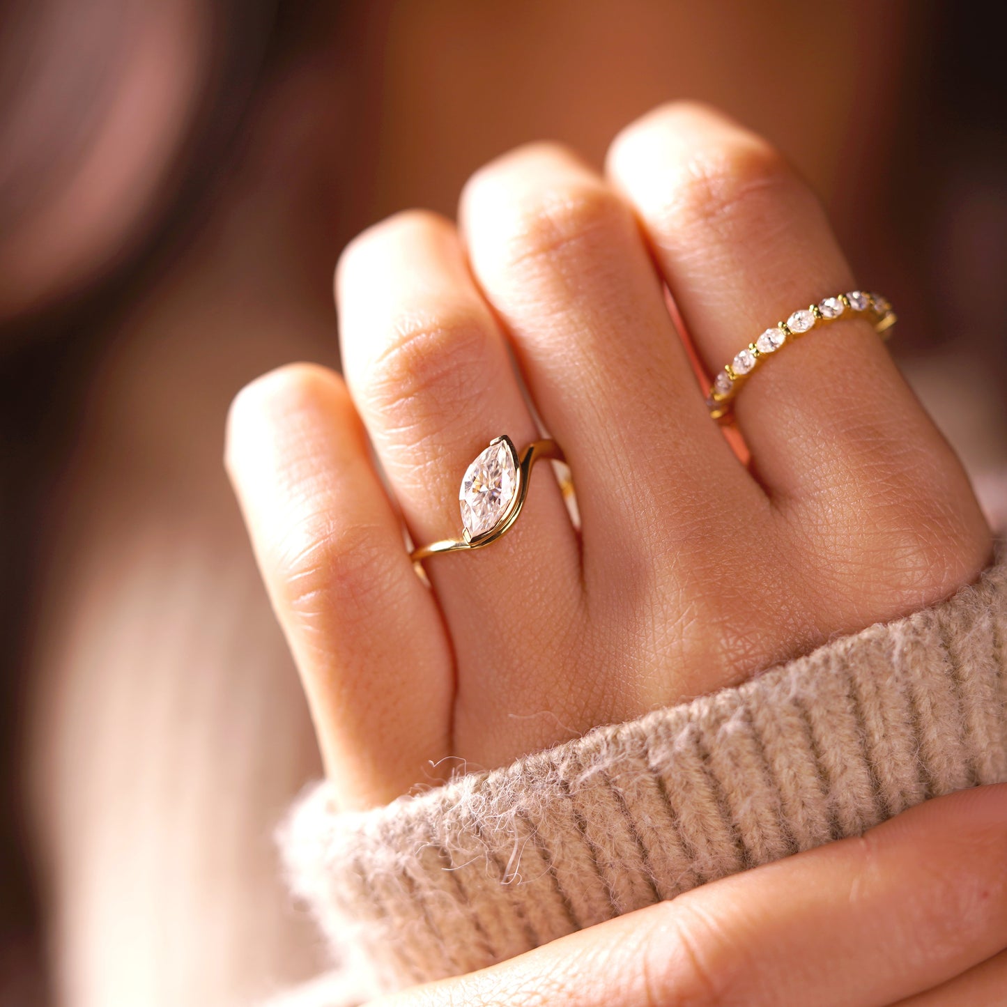 Marquise Cut Half Bezel Waved Lab-Grown Diamond Engagement Ring