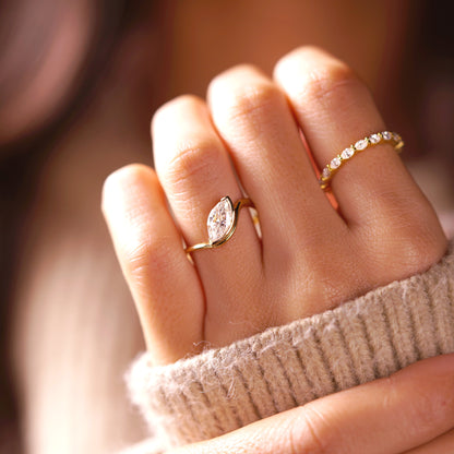 Marquise Cut Half Bezel Waved Lab-Grown Diamond Engagement Ring