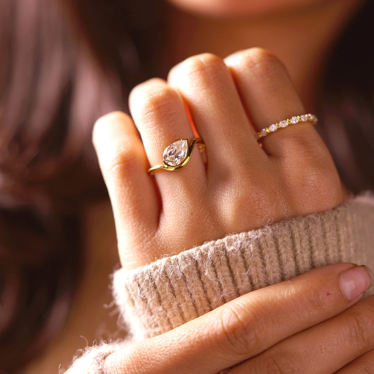 Pear Cut Half Bezel Waved Lab-Grown Diamond Engagement Ring