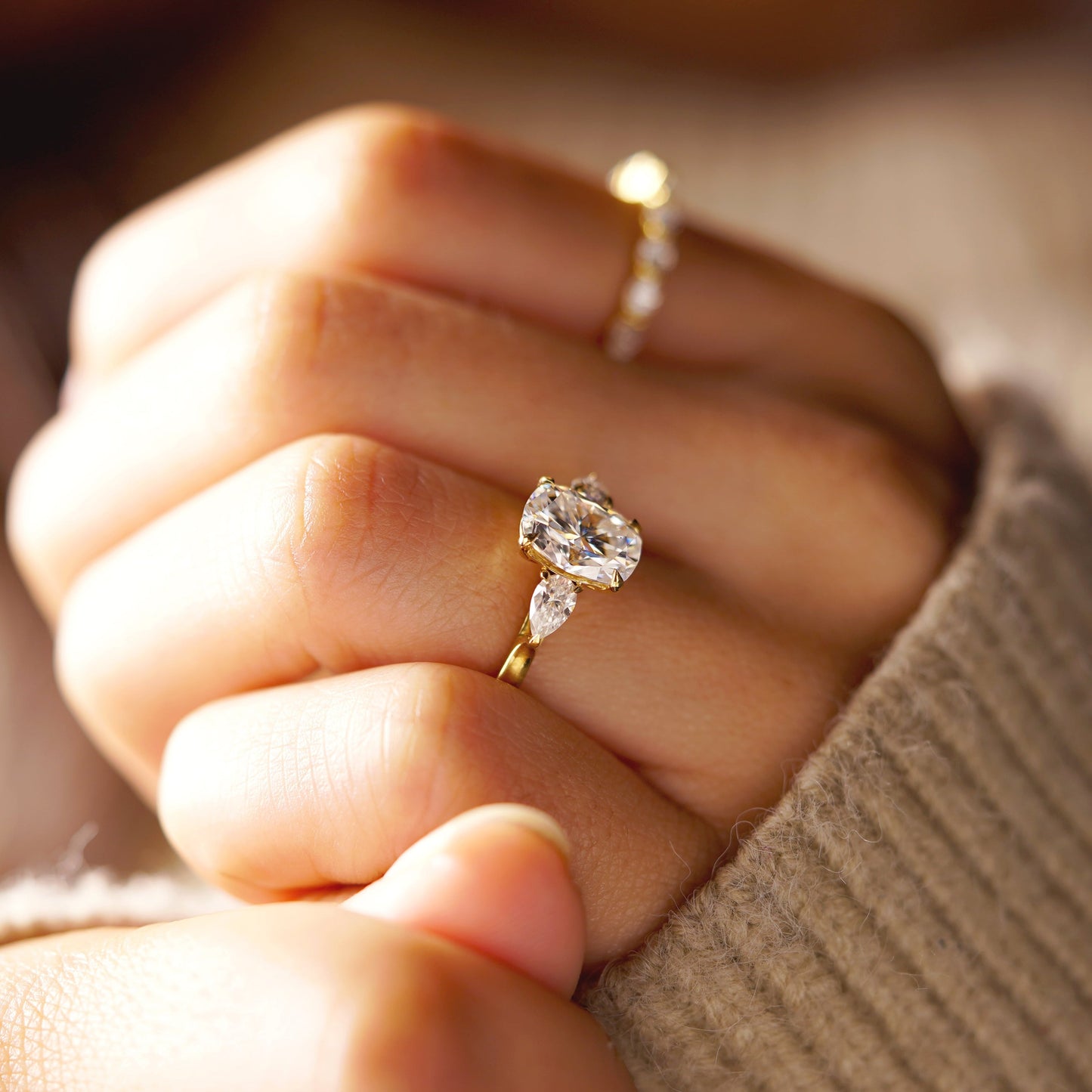 Elongated Cushion Cut Three stone Lab-Grown Diamond Engagement Ring