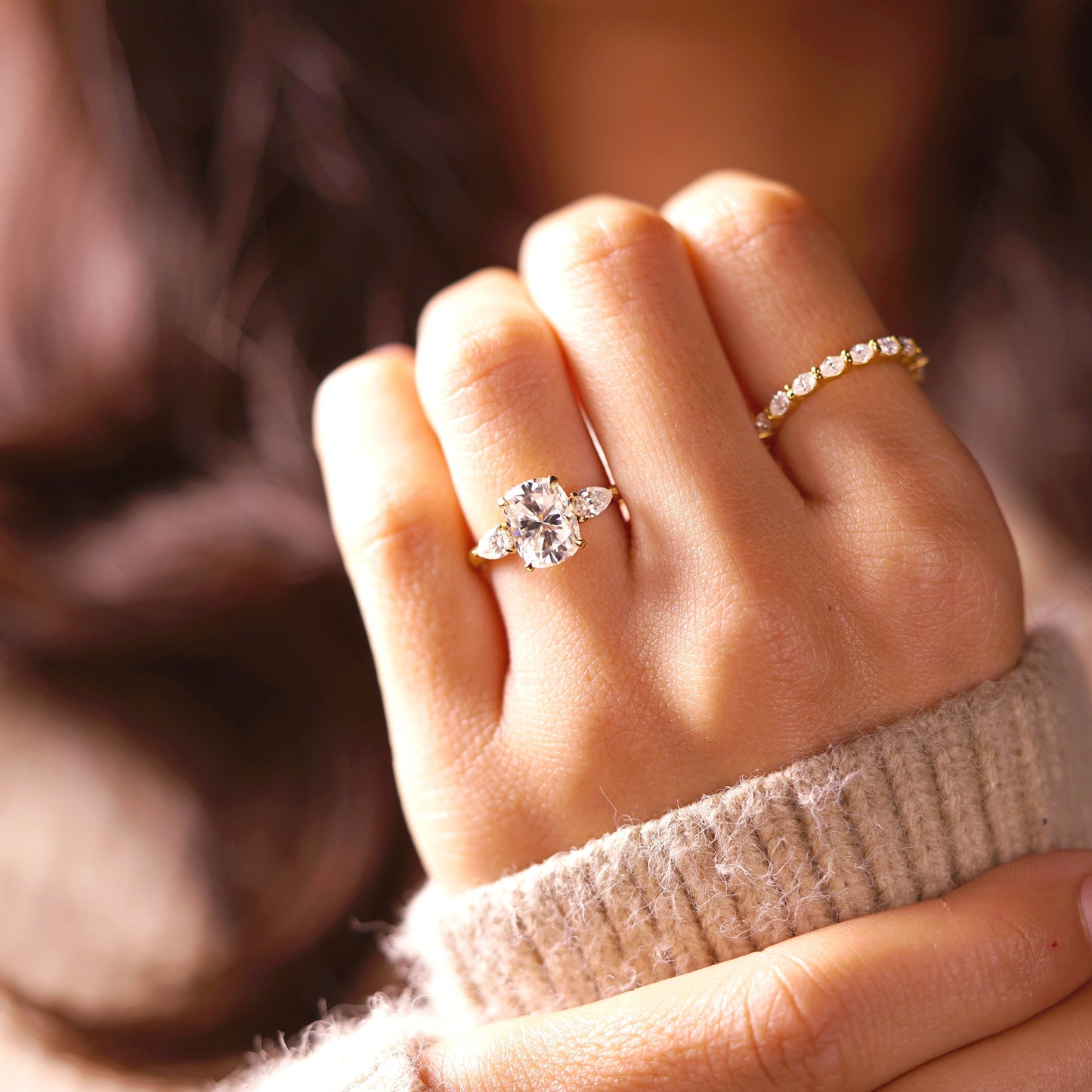 Elongated Cushion Cut Three stone Lab-Grown Diamond Engagement Ring