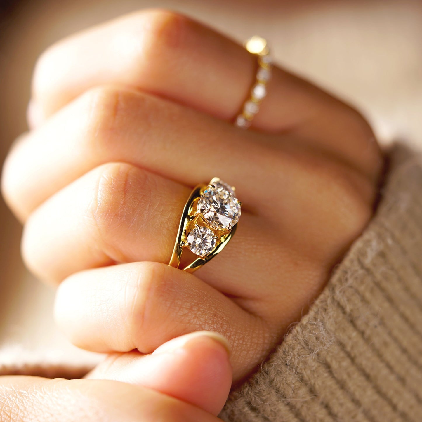 Round Cut Three Stone Split Shank Lab-Grown Diamond Engagement Ring