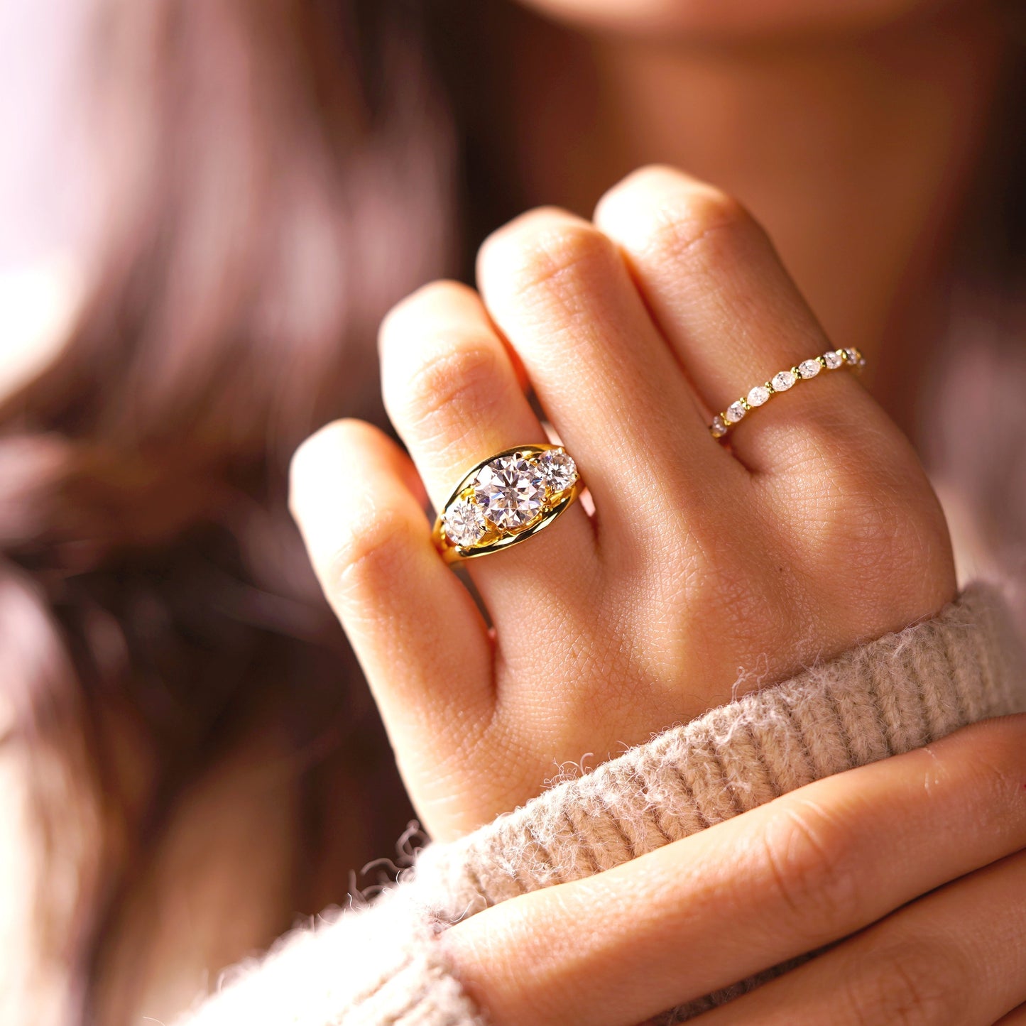 Round Cut Three Stone Split Shank Lab-Grown Diamond Engagement Ring