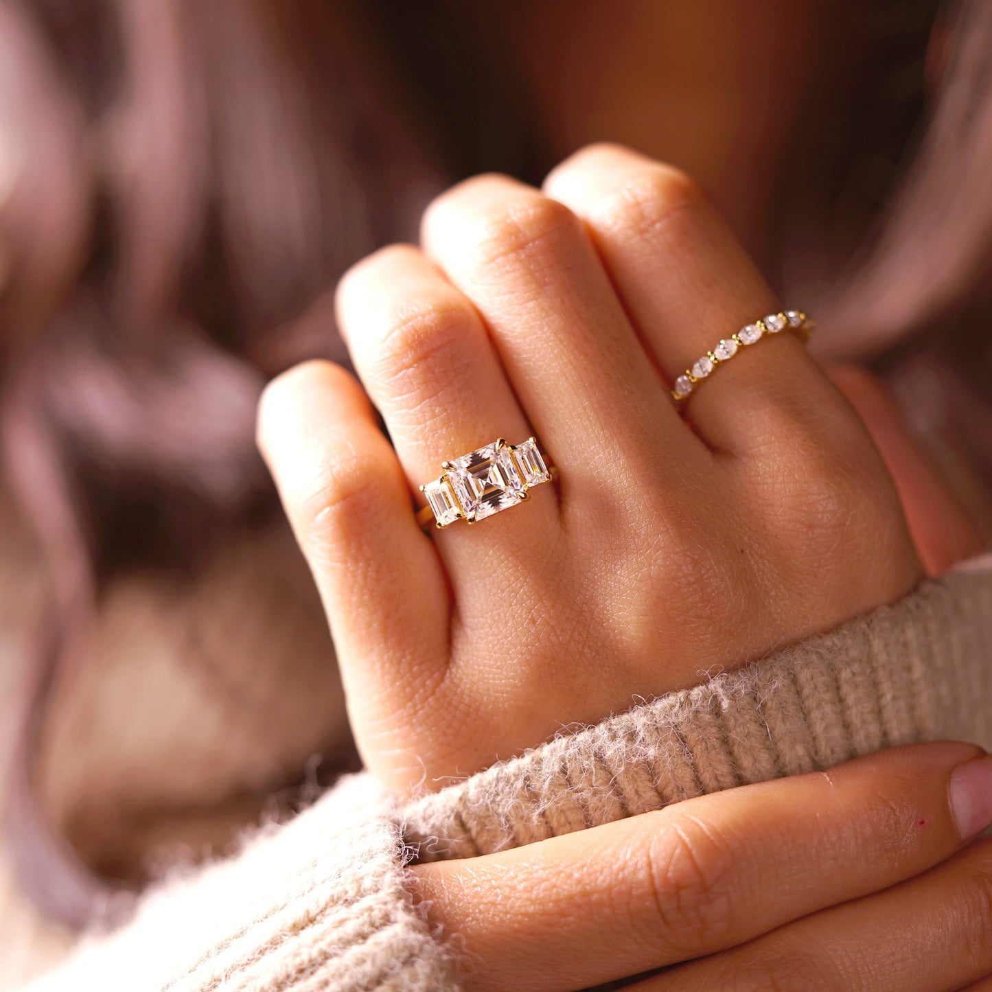 Asscher Cut Three Stone Lab-Grown Diamond Engagement Ring